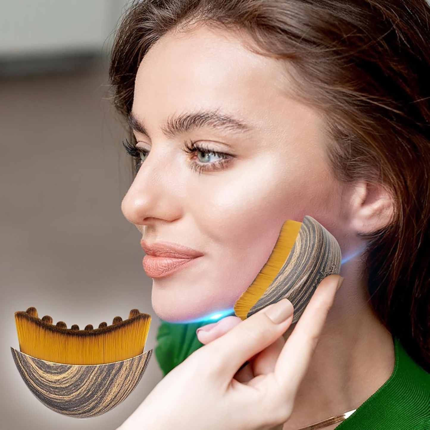 Woman using a grooming tool on her ear with an inset showing the tool's design.