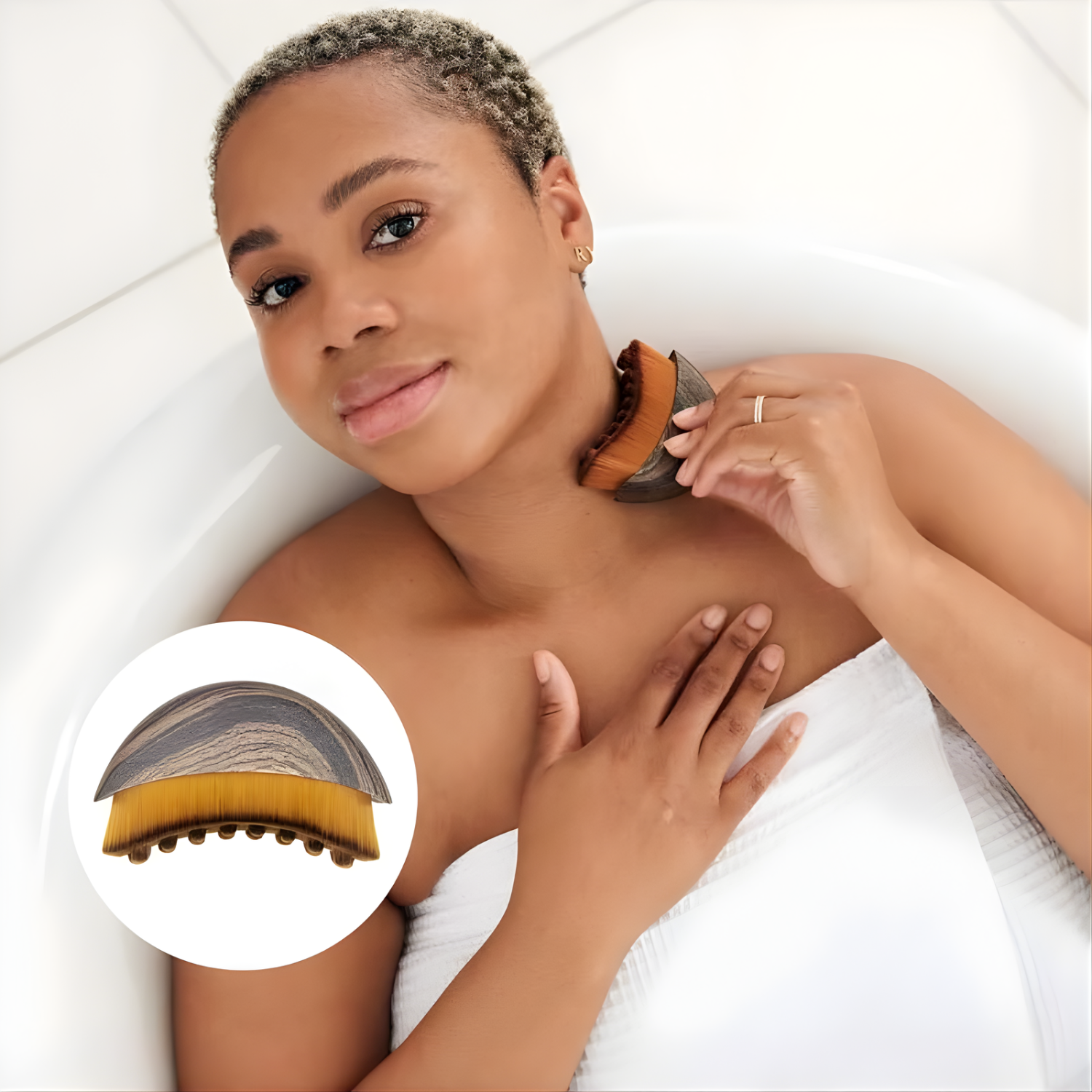 Woman using a wooden back scrubber on her shoulders with a close-up inset of the scrubber.