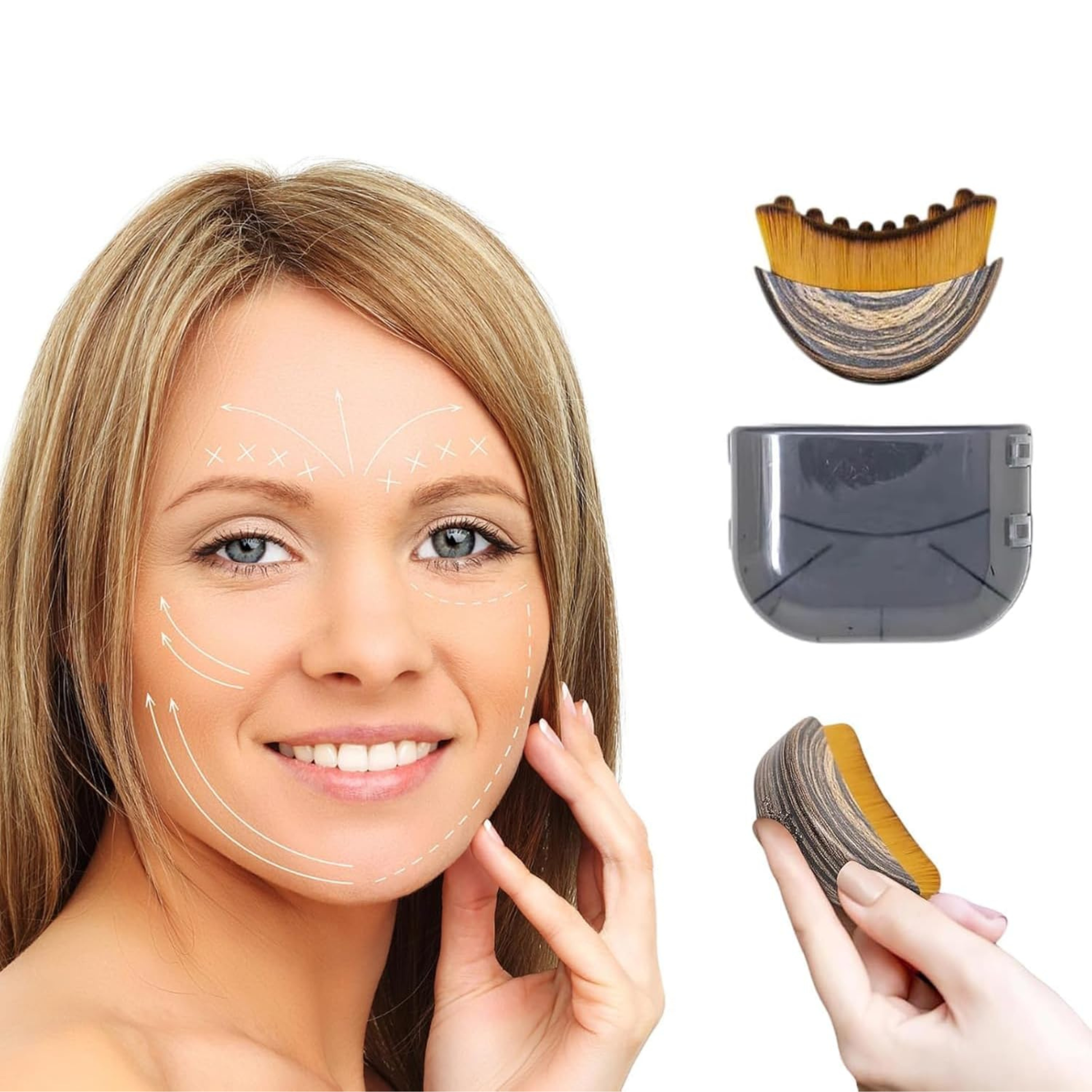 Woman with face mapping lines, facial massager, and attachments on a white background