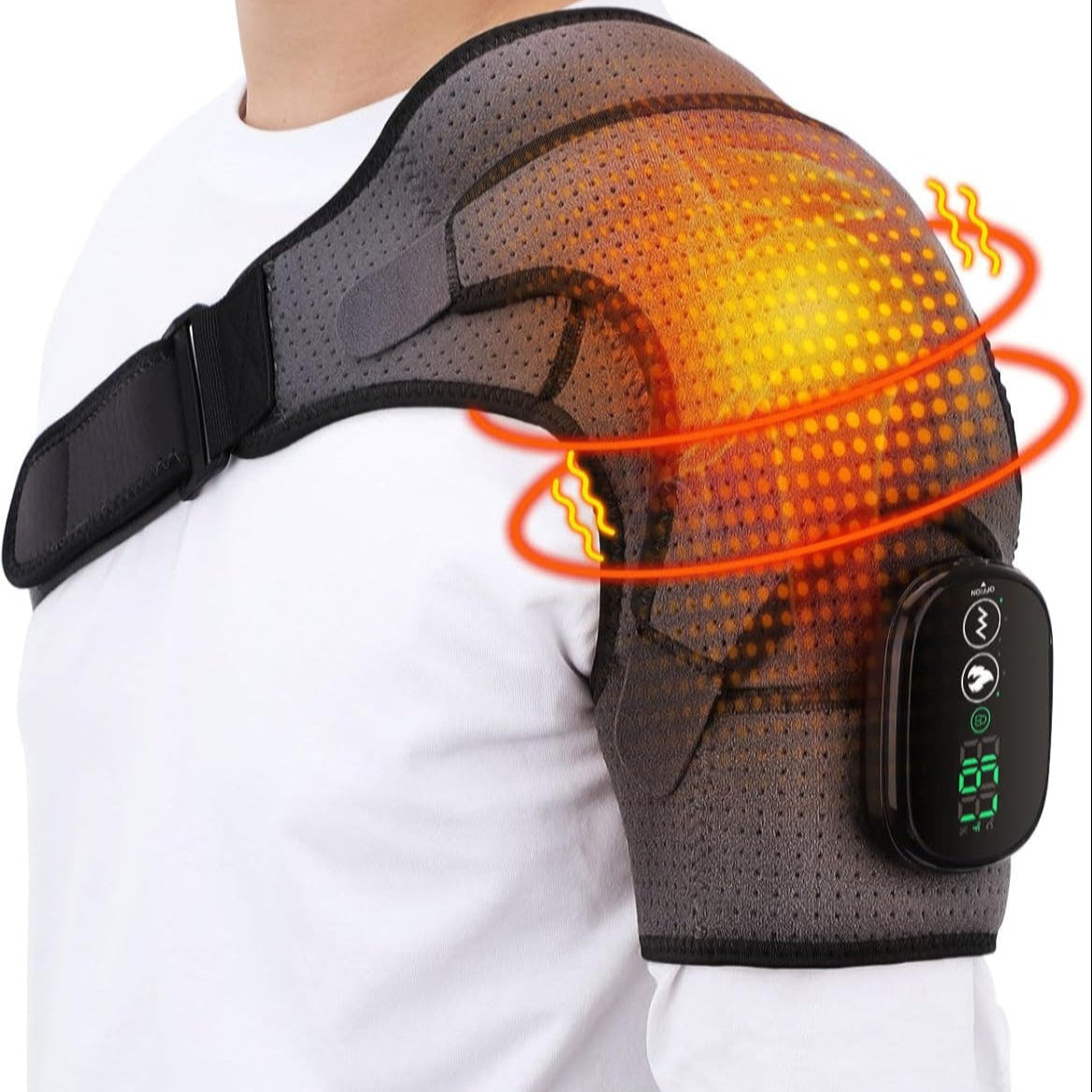 Person wearing a gray-black electric shoulder heating massager with digital console display on a white background