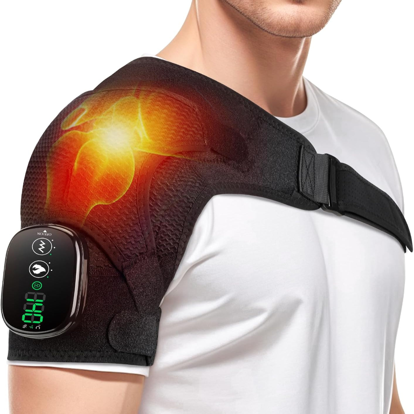 Person wearing a black electric shoulder heating massager with digital console display on a white background