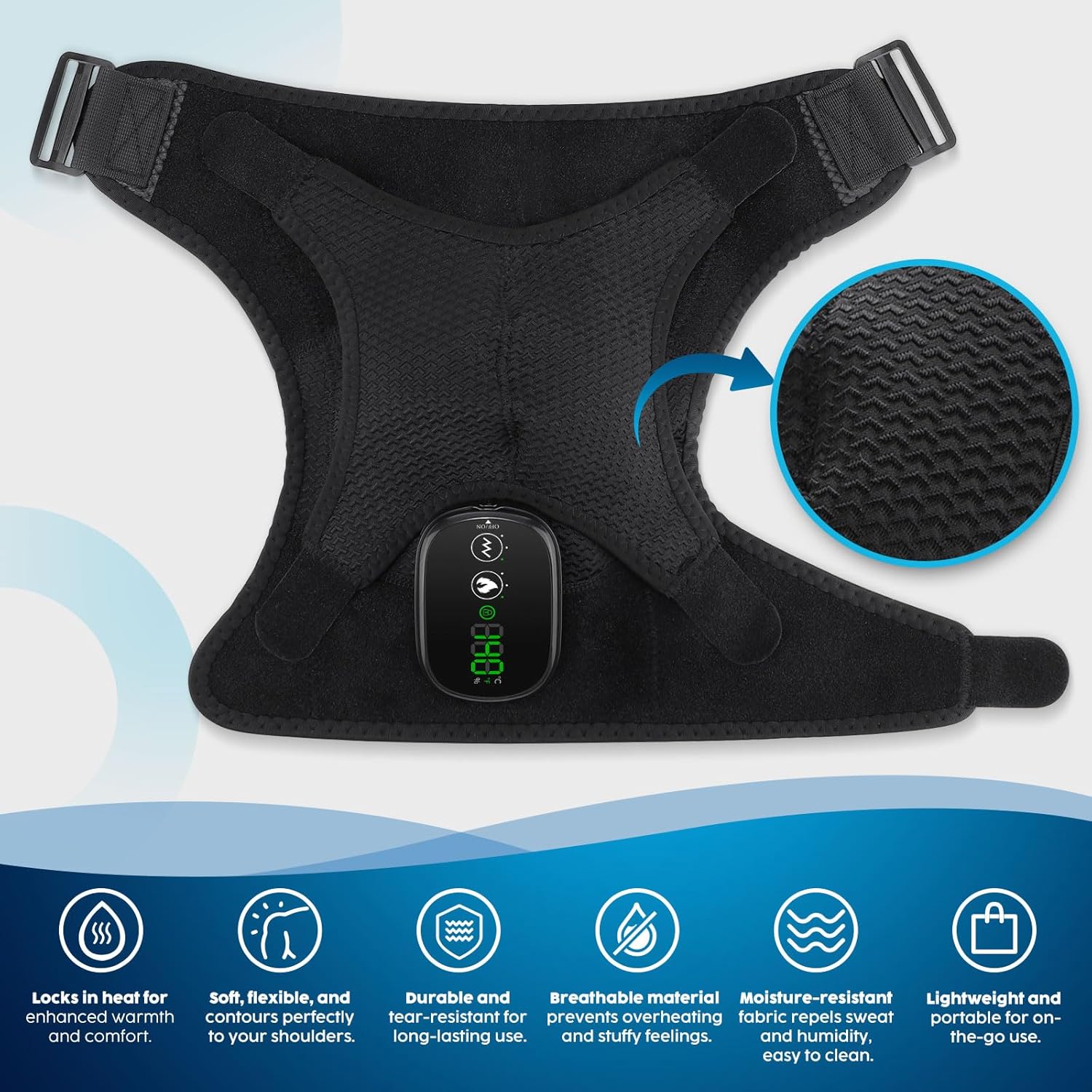 Black electric shoulder heating massager with digital console display on a white background and close-up of breathable fabric.