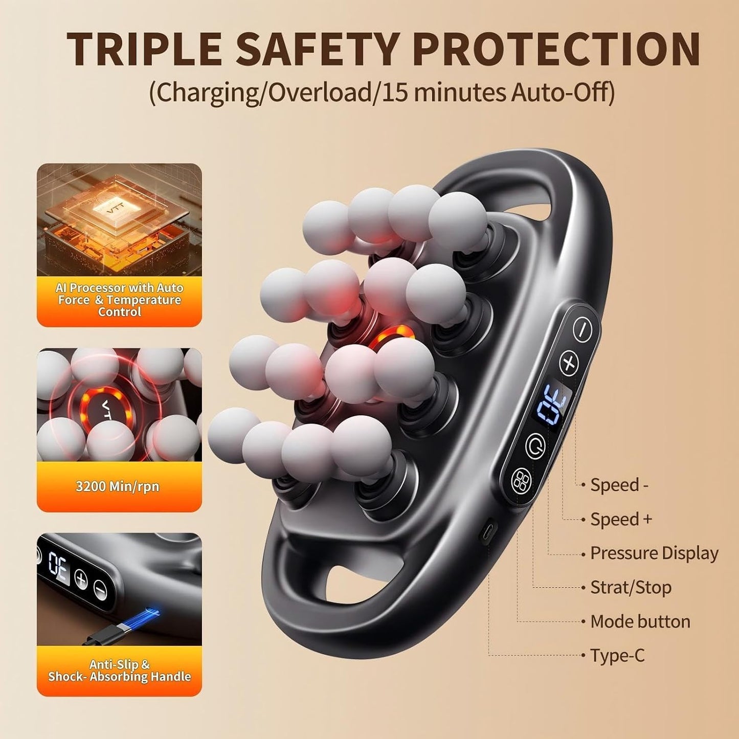Massage device with safety features and control buttons on a beige background