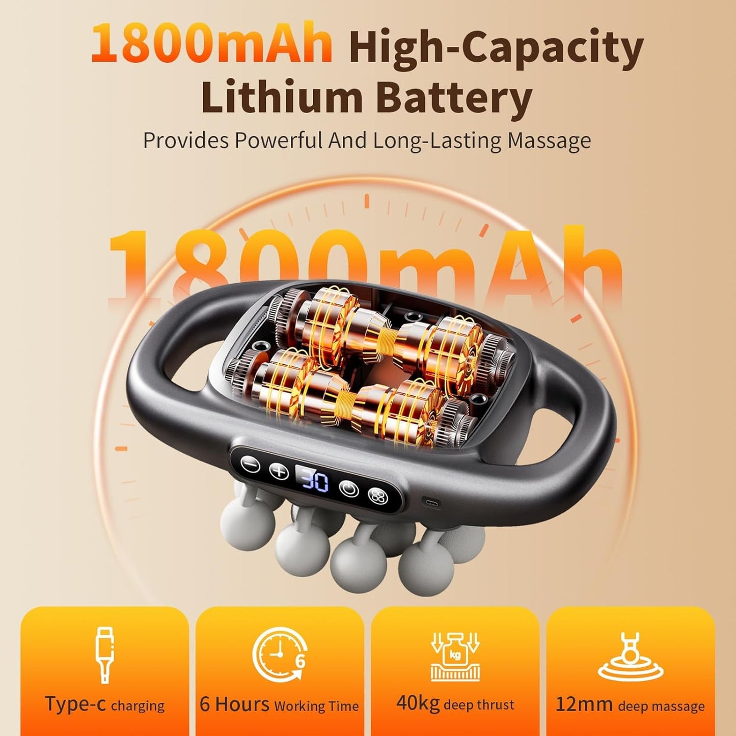 Massage device with 1800mAh high-capacity lithium battery on a beige background