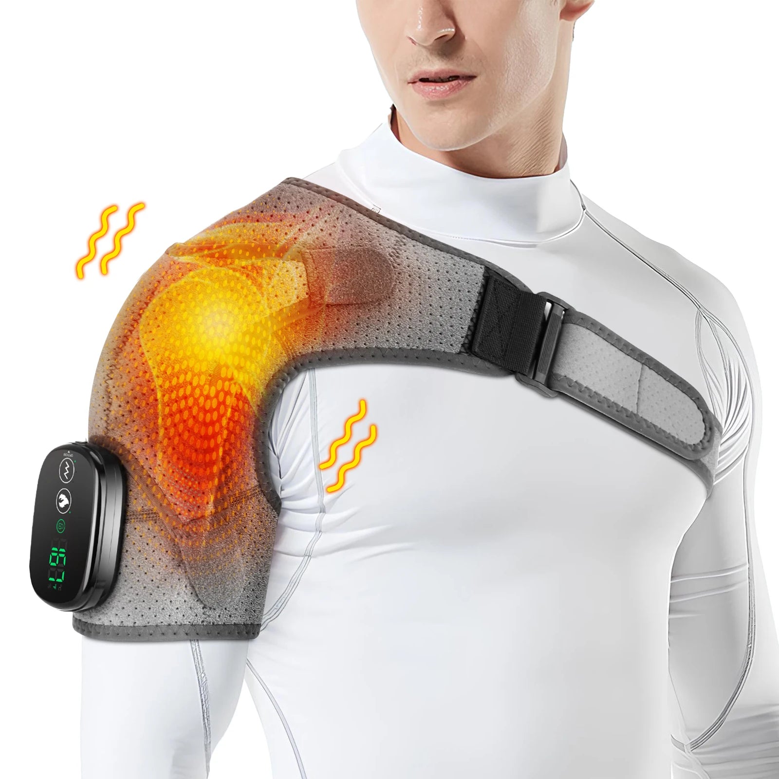 Person wearing a gray electric shoulder heating massager with digital console display on a white background