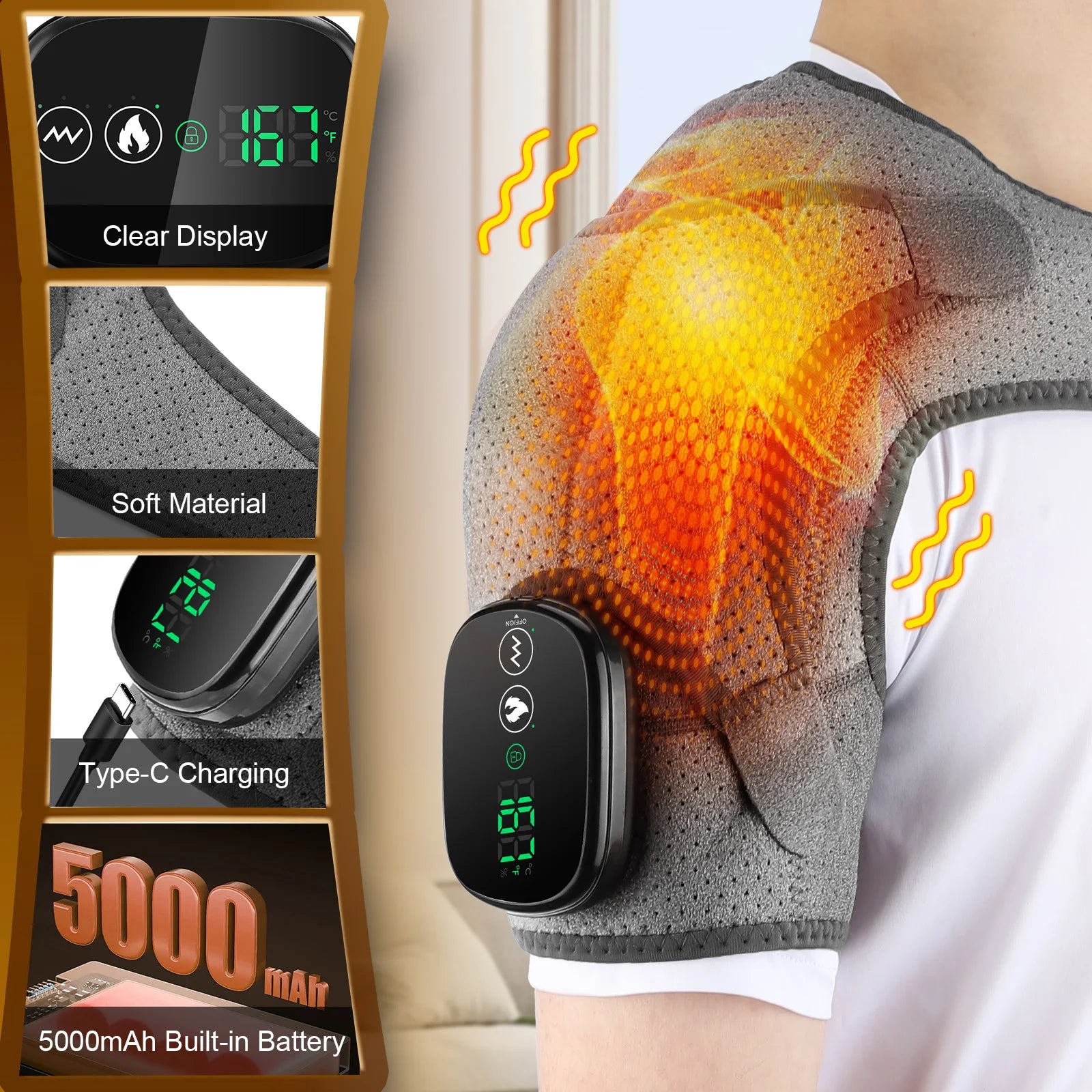 Electric heated shoulder massager with digital display and charging features, showing a person wearing it.
