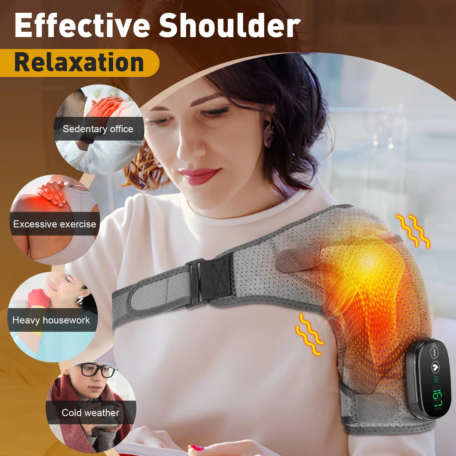 Woman wearing a gray electric shoulder heating massager with text on effective shoulder relaxation and causes.