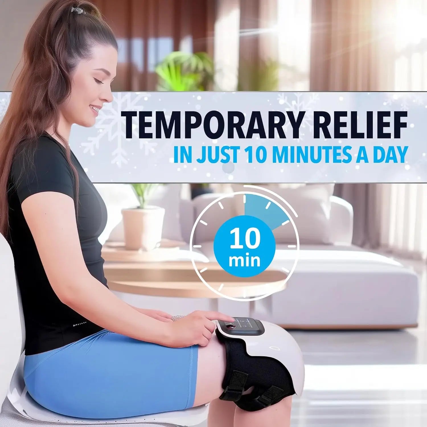Woman using a leg massager with text about temporary relief in just 10 minutes a day.