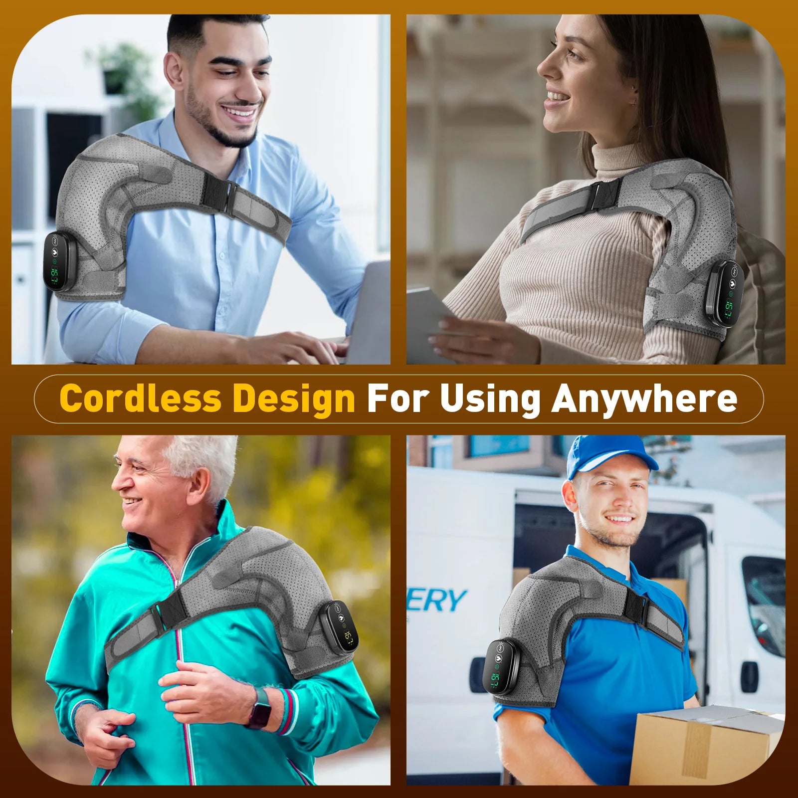 Collage of people wearing an electric heating shoulder massager with text 'Cordless Design For Using Anywhere'.
