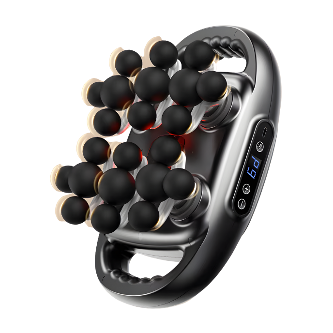 Black handheld massager with digital display on a white background
