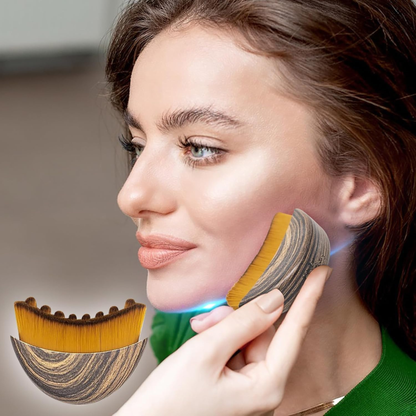 Woman using a grooming tool on her ear with an inset showing the tool's design.