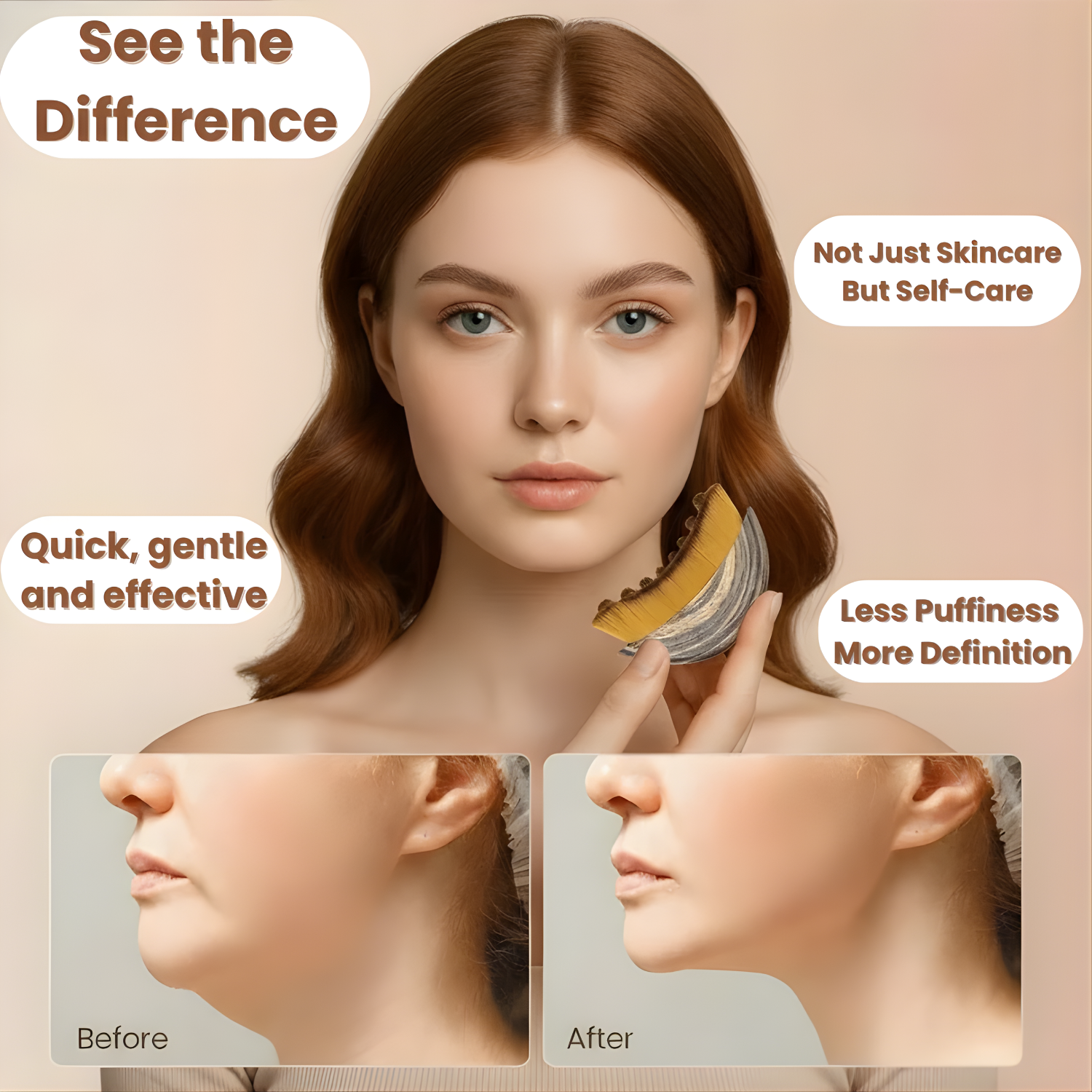 Product advertisement showing a woman using a skincare tool with text highlighting benefits on a beige background.