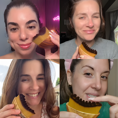 Four different poses of a woman holding a facial massage brush.