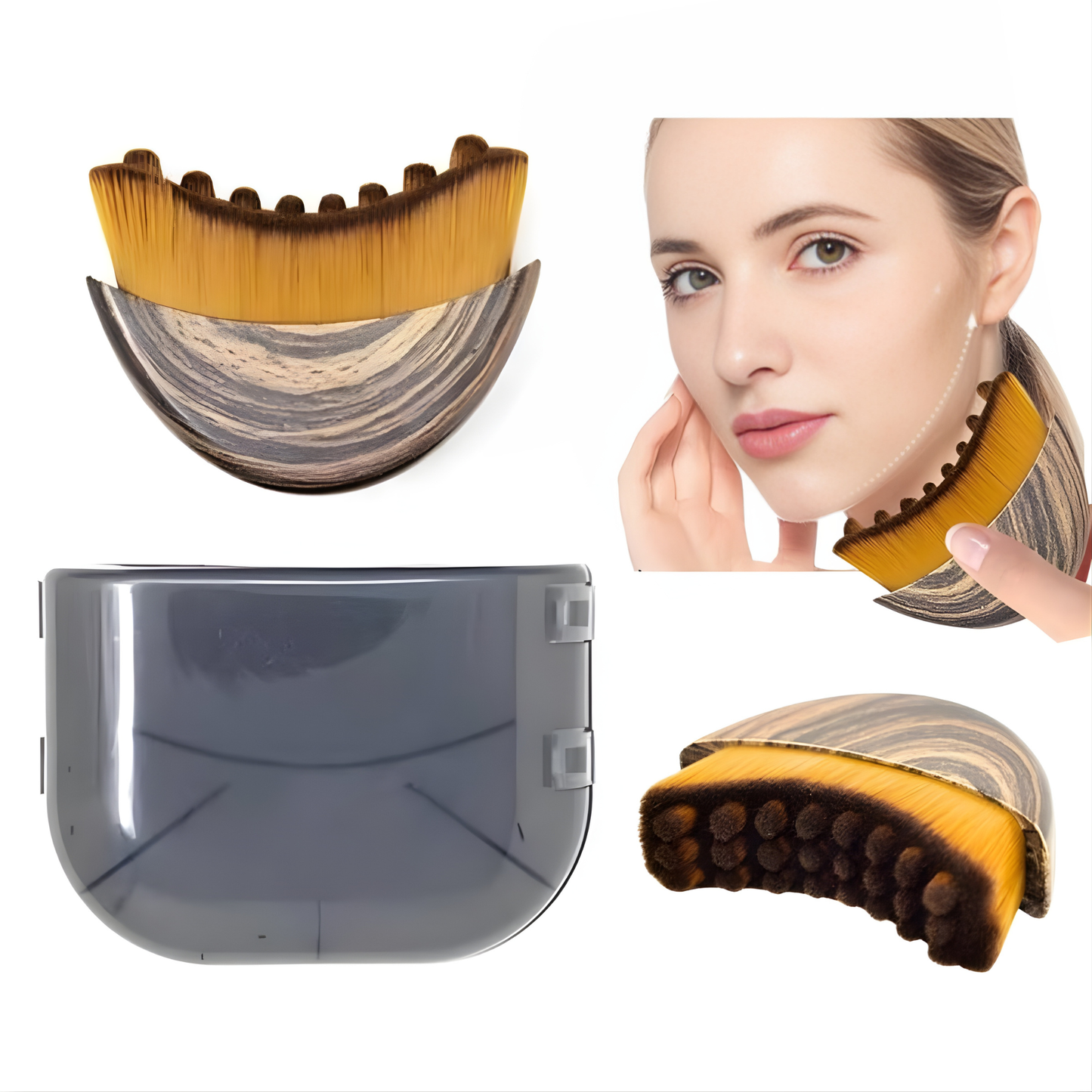 Beauty tool with close-up of a woman using it on her face, on a white background