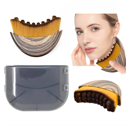 Beauty tool with close-up of a woman using it on her face, on a white background
