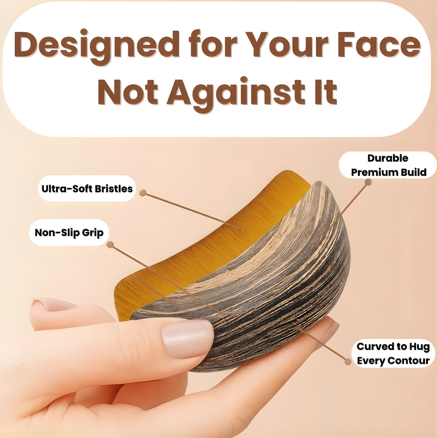 Facial brush with labeled features on a beige background