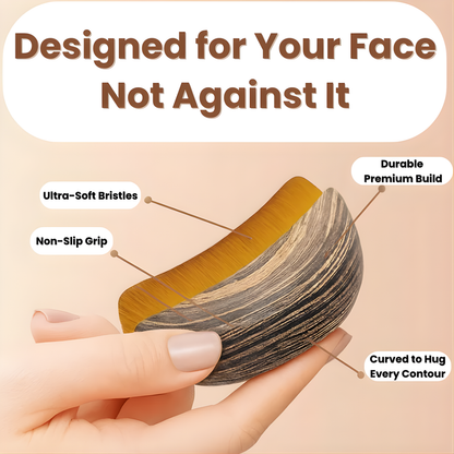 Facial brush with labeled features on a beige background