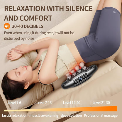 Person using a massage device with text about noise levels and massage types.