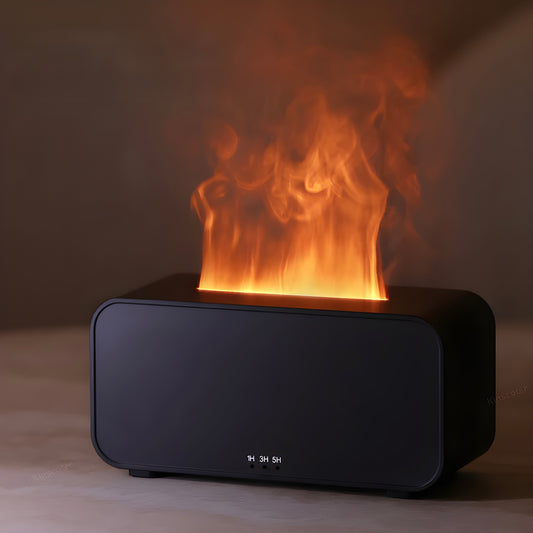 Black rectangular led-flame aromatherapy diffuser and humidifier on a dark background