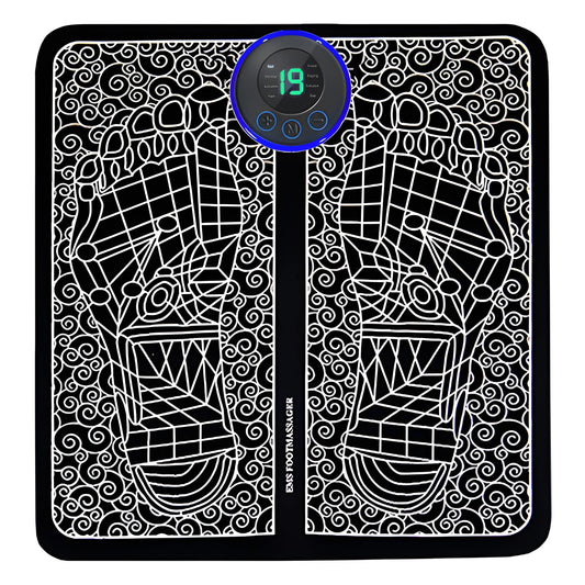 EMS Foot massager pad with black and white geometric design and digital display on a white background