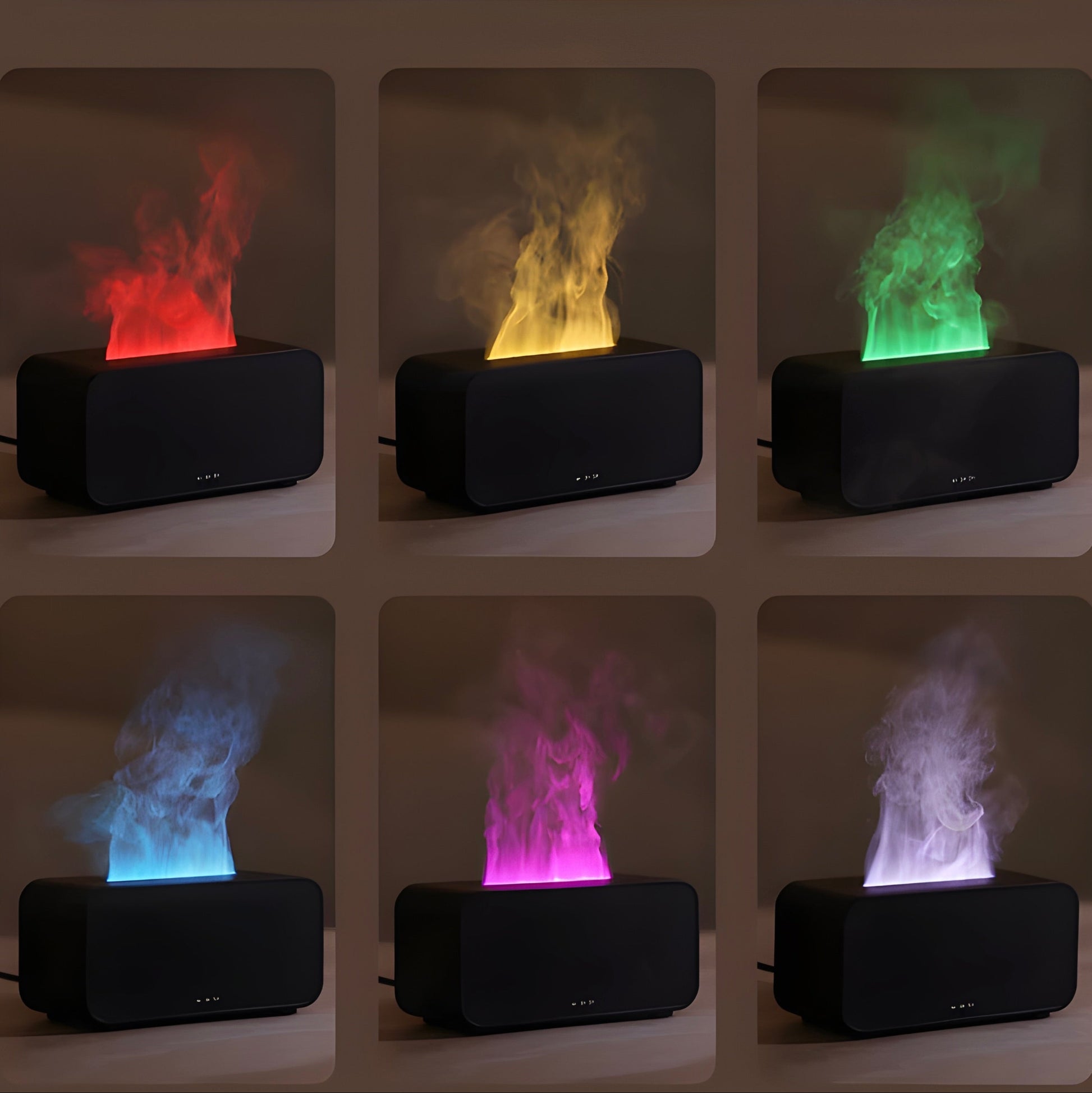 Multiple black LED-flame aromatherapy diffusers with different colored flames on dark background