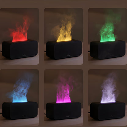 Multiple black LED-flame aromatherapy diffusers with different colored flames on dark background